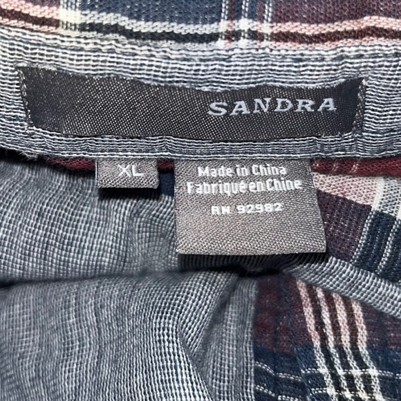 SANDRA Ingrish Red Maroon White Blue Chambray Trim Plaid Flannel Shirt Top XL - Picture 8 of 9